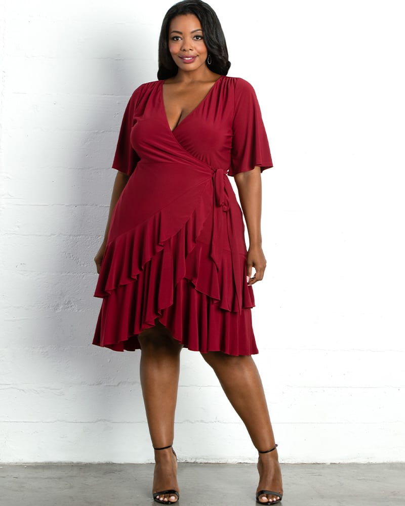 Front of a model wearing a size 0X Miranda Wrap Dress in BURGUNDY by Kiyonna. | dia_product_style_image_id:227159